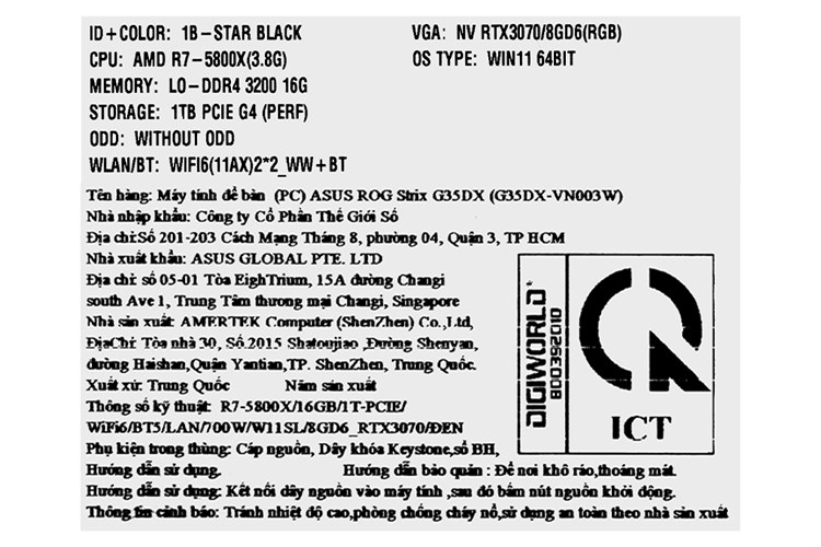 PC Gaming Asus ROG Strix G35DX-VN003W R7 5800X/16GB/1TB/8GB RTX3070/Win11 Màu Đen