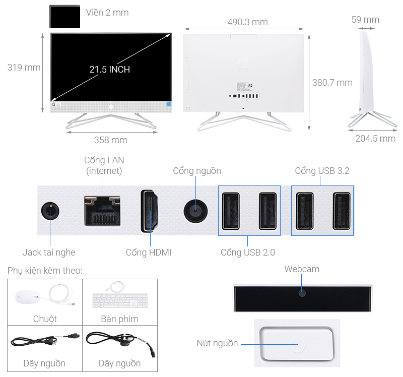 HP AIO 22 dd2012d i3 1215U/8GB/256GB/21.5"FullHD/Bàn phím/Chuột/Win11 (6K7G5PA)