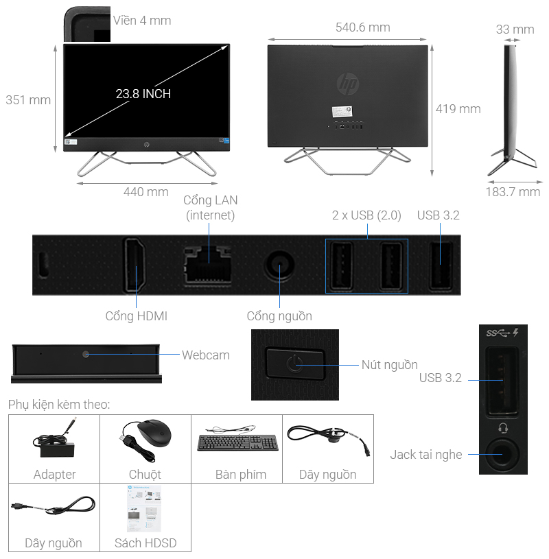 HP AIO ProOne 240 G9 i7 1255U/8GB/512GB/23.8"FullHD/Bàn phím/Chuột/Win11 (6M3V4PA)