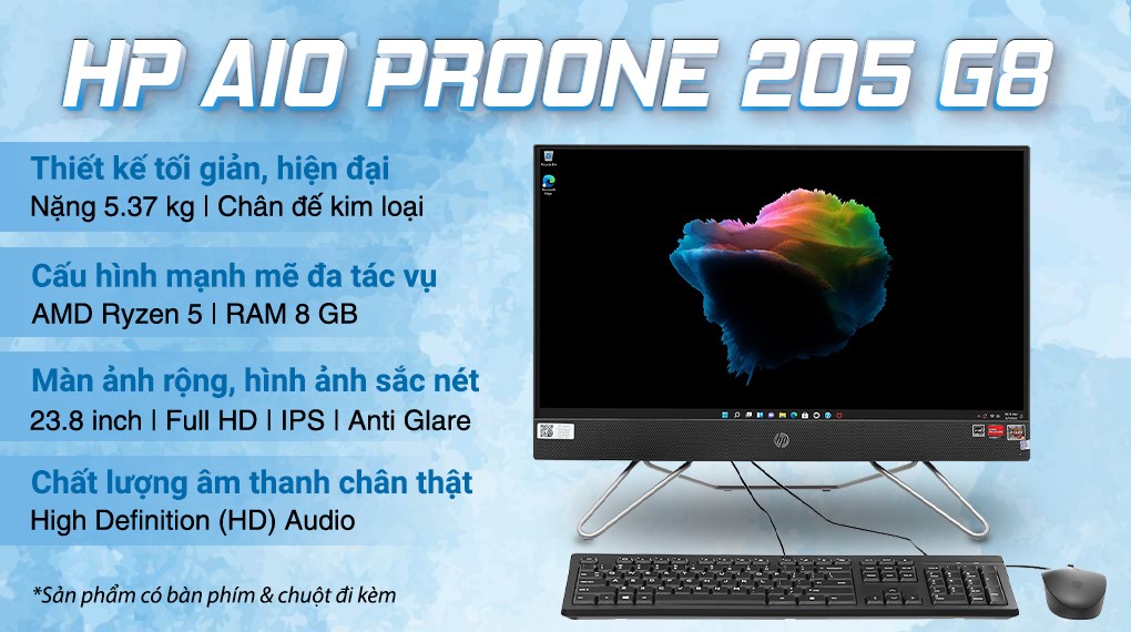 HP AIO ProOne 205 G8 R5 5500U/8GB/512GB/23.8"FullHD/Bàn phím/Chuột/Win11 (5S3Z9PA)
