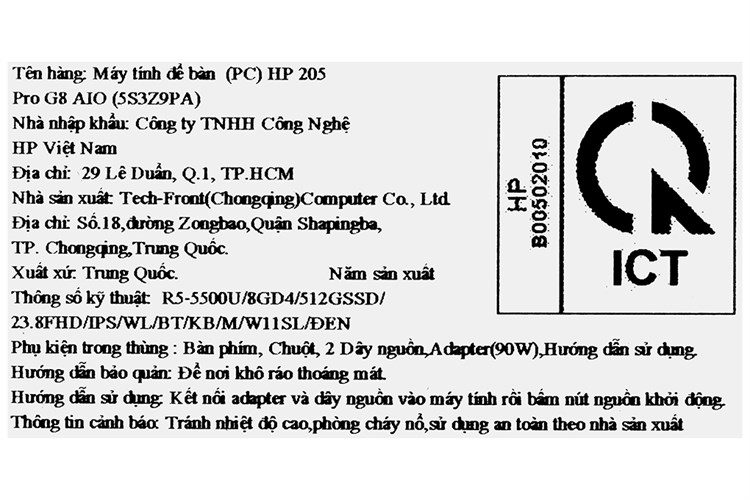 HP AIO ProOne 205 G8 R5 5500U/8GB/512GB/23.8"FullHD/Bàn phím/Chuột/Win11 (5S3Z9PA) Màu Đen