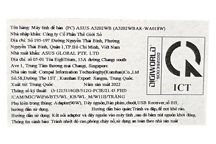 Asus ExpertCenter AIO A3202WBAK i3 1215U/4GB/512GB/21.45"FullHD/Bàn phím/Chuột/Win11 (WA018W) Màu Trắng