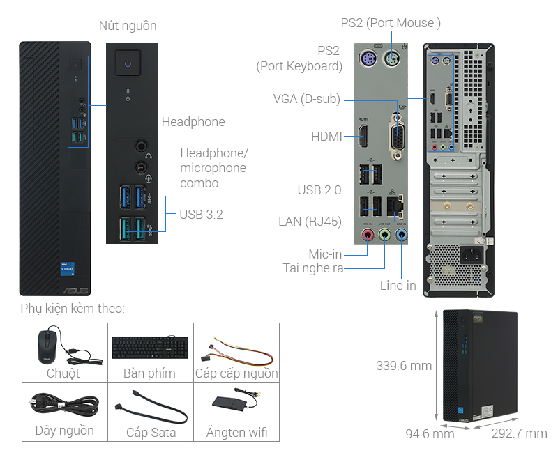 Asus S500SD i5 12400/8GB/256GB/Bàn phím/Chuột/Win11 (512400050W)