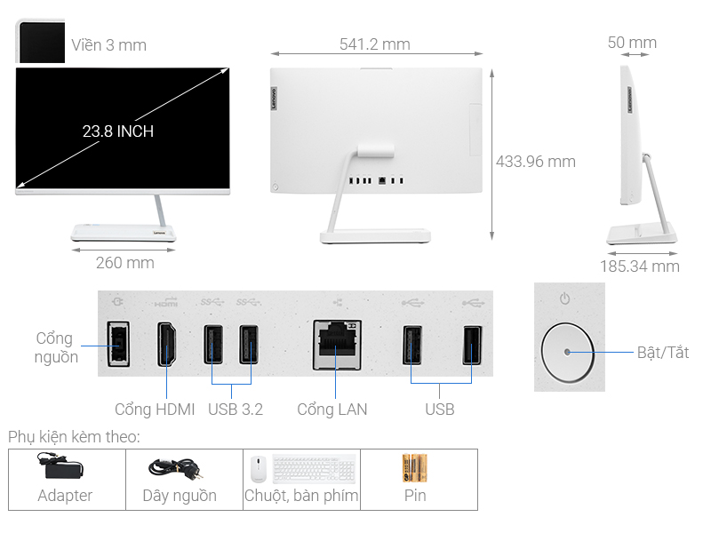 Lenovo IdeaCentre AIO 3 24IAP7 i3 1215U/4GB/256GB/23.8"F/Bàn phím/Chuột/Win11 (F0GH00FUVN)