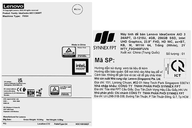 Lenovo IdeaCentre AIO 3 24IAP7 i3 1215U/4GB/256GB/23.8"F/Bàn phím/Chuột/Win11 (F0GH00FUVN) Màu Trắng