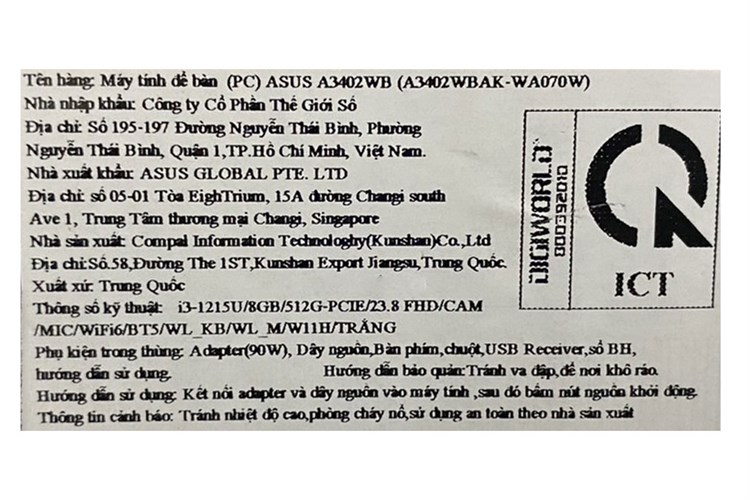 Asus Vivo AIO A3402WBAK i3 1215U/8GB/512GB/23.8"F/Bàn phím/Chuột/Win11 (WA070W)