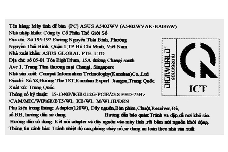 Asus ExpertCenter AIO A5402WVAK i5 1340P/8GB/512GB/23.8"FullHD/Bàn phím/Chuột Win11 Màu Đen
