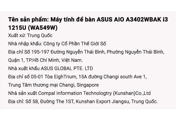 ASUS AIO A3402WBAK i3 1215U/8GB/512GB/23.8"FullHD/Bàn phím/Chuột/Win11/(WA549W) Màu Trắng