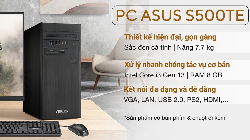 ASUS S500TE i3 13100/8GB/256GB/bàn phím/chuột/Win11 (S500TE-313100037W)