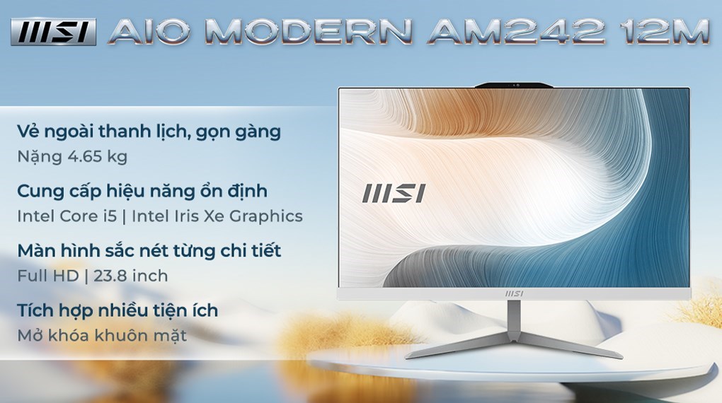 MSI AIO Modern AM242 12M i5 1235U/8GB/512GB/23.8" Full HD/Bàn phím/Chuột/Win11 Trắng