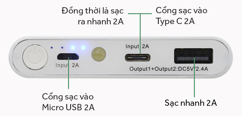Pin sạc dự phòng Polymer 10.000 mAh eSaver PJ JP106 - Các cổng kết nối trên pin sạc dự phòng