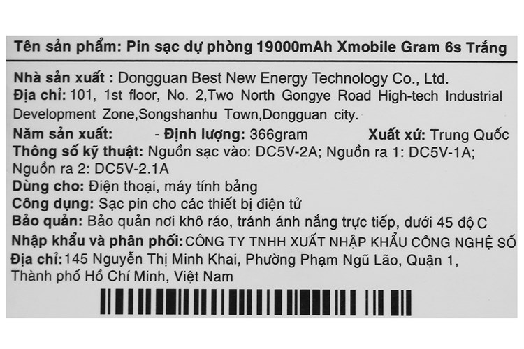 Pin sạc dự phòng 19.000 mAh 10.5W Xmobile Gram 6S Màu Trắng