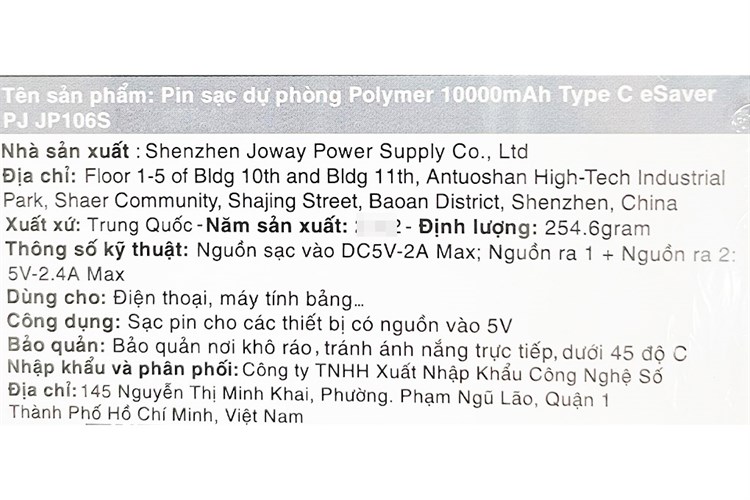 Pin sạc dự phòng Polymer 10.000 mAh Type C 10W eSaver PJ JP106S Màu Bạc