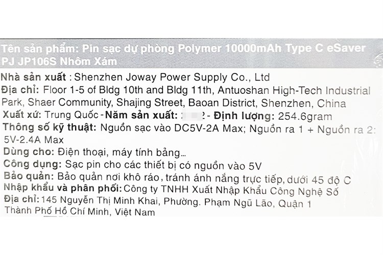 Pin sạc dự phòng Polymer 10.000 mAh Type C 10W eSaver PJ JP106S Màu Xám
