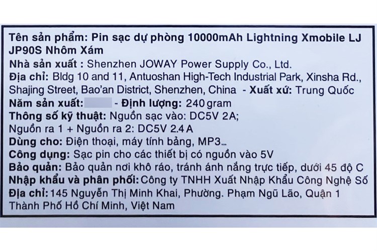 Pin sạc dự phòng 10.000 mAh Lightning 10W Xmobile LJ JP90S Màu Xám