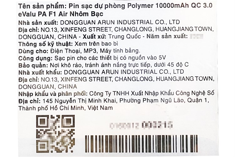 Pin sạc dự phòng Polymer 10.000 mAh Type C QC3.0 eValu PA F1 Air Màu Bạc