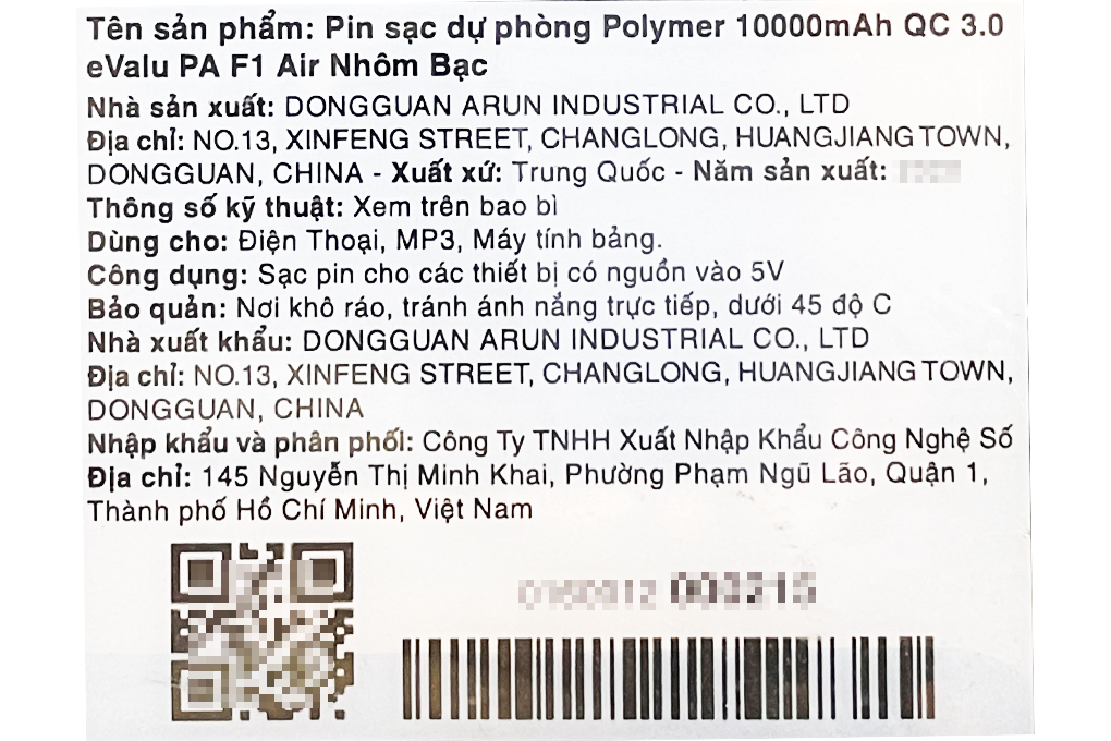 Pin sạc dự phòng Polymer 10.000 mAh Type C QC3.0 eValu PA F1 Air