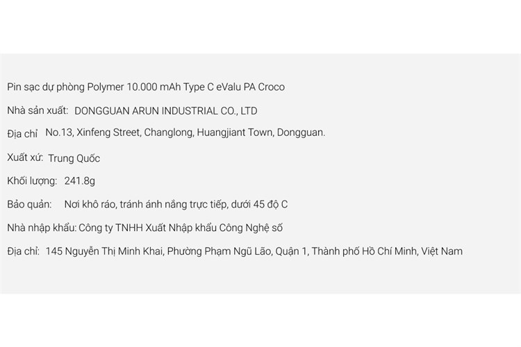 Pin sạc dự phòng Polymer 10.000 mAh Type C 18W eValu PA Croco Màu Đen