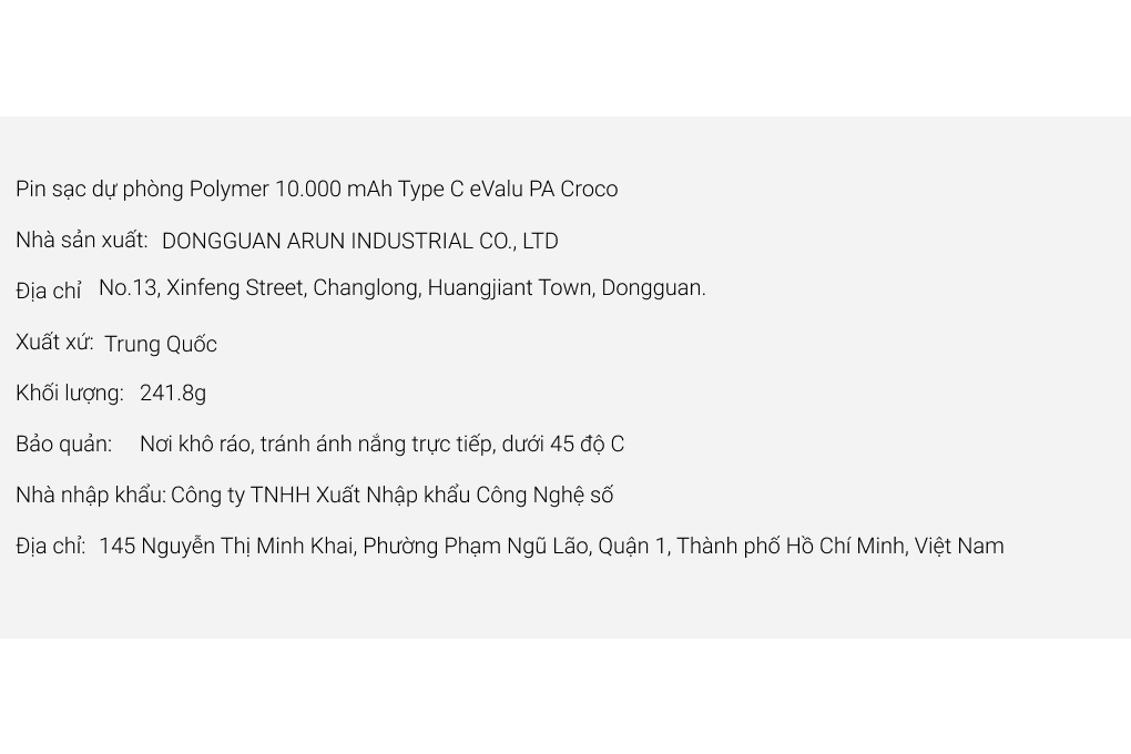 Pin sạc dự phòng Polymer 10.000 mAh Type C 18W eValu PA Croco Màu Đen