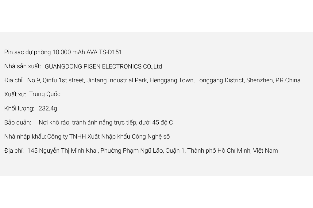 Pin sạc dự phòng 10.000 mAh AVA TS-D151 Màu Xanh ngọc