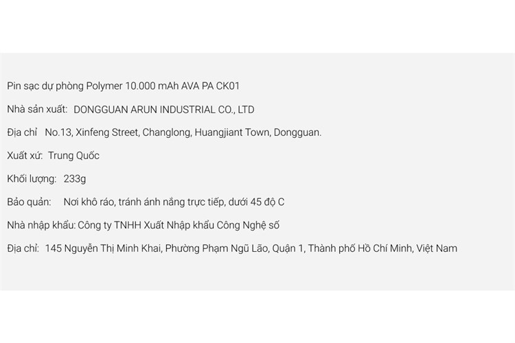 Pin sạc dự phòng Polymer 10.000 mAh AVA PA CK01 Màu Đen