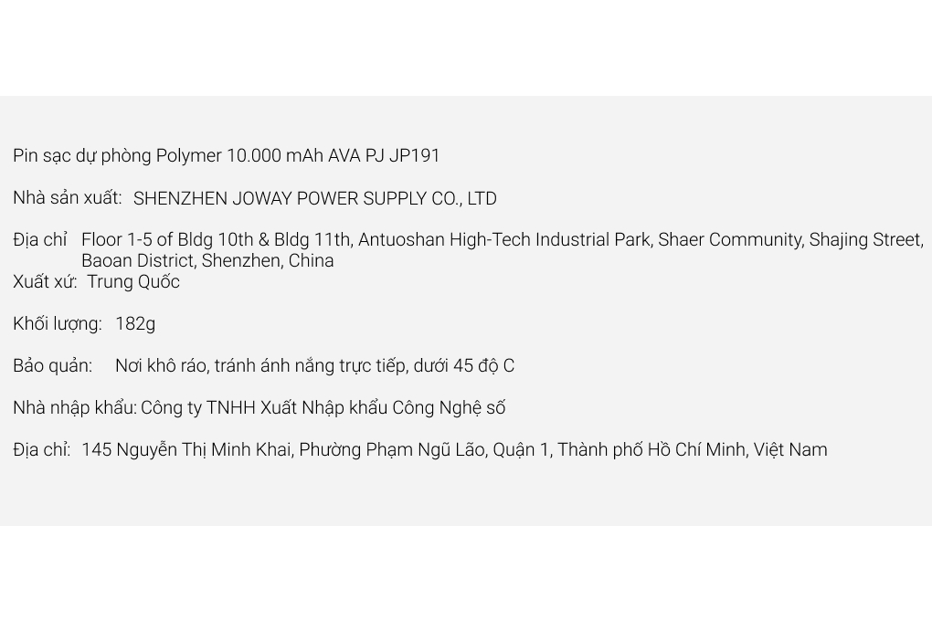 Pin sạc dự phòng Polymer 10.000 mAh AVA PJ JP191 Màu Xám