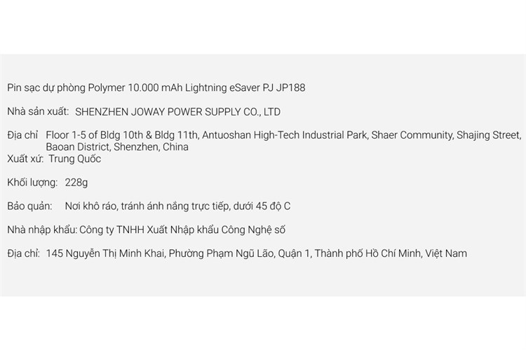 Pin sạc dự phòng Polymer 10.000 mAh Lightning eSaver PJ JP188 Màu Xám