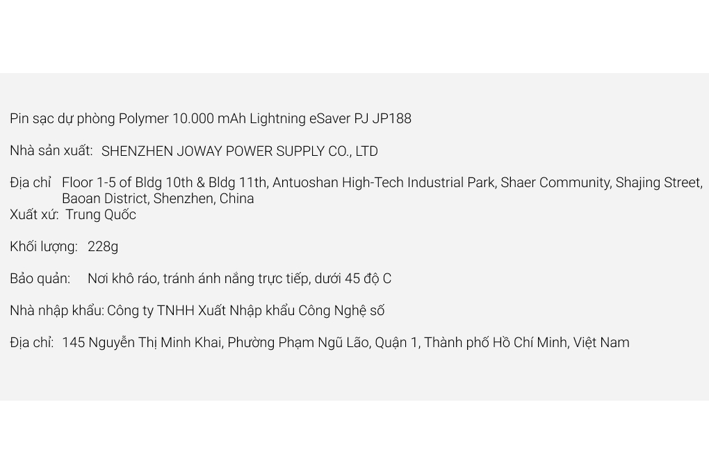 Pin sạc dự phòng Polymer 10.000 mAh Lightning eSaver PJ JP188 Màu Xám
