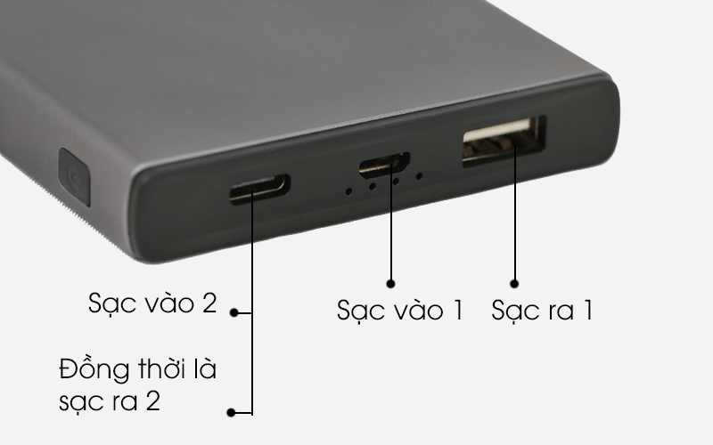 Các cổng trên pin sạc dự phòng Polymer 10.000 mAh Xmobile Atela 10 Nhôm Xám