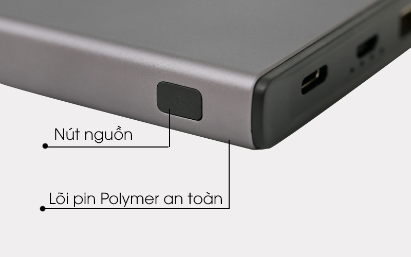 Các chi tiết trên thân pin sạc dự phòng Polymer 10.000 mAh Xmobile Atela 10 Nhôm Xám