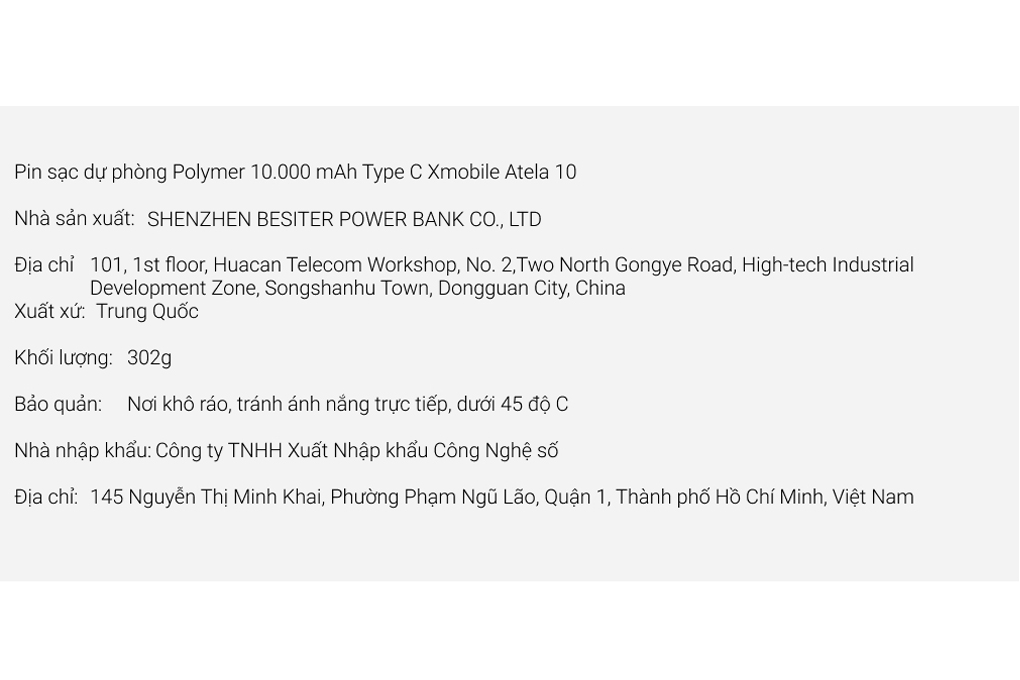 Pin sạc dự phòng Polymer 10.000 mAh Type C Xmobile Atela 10 Màu Xám