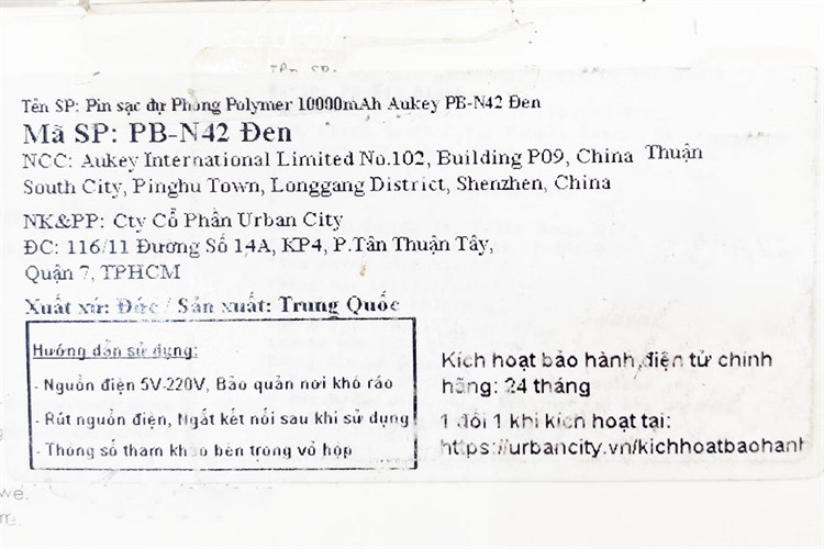 Pin sạc dự phòng 10.000 mAh AUKEY PB-N42 Màu Đen