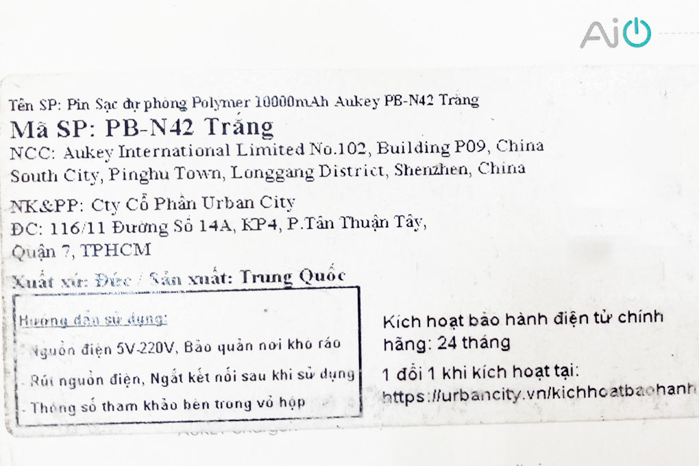 Pin sạc dự phòng 10.000 mAh AUKEY PB-N42 Màu Trắng