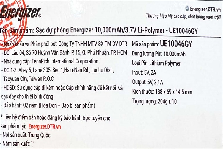 Pin sạc dự phòng Polymer 10.000 mAh 10.5W Energizer Chiến Binh II UE10046 Màu Xám