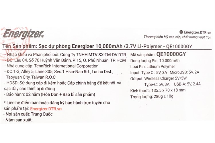 Pin sạc dự phòng không dây 10.000 mAh Type C 15W Energizer QE10000GY Màu Xám