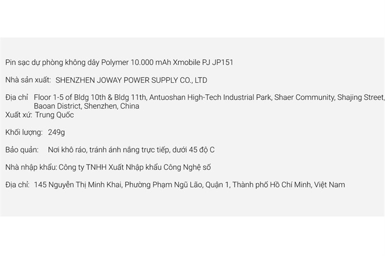 Pin sạc dự phòng không dây Polymer 10.000 mAh 10W Xmobile PJ JP151 Màu Đen