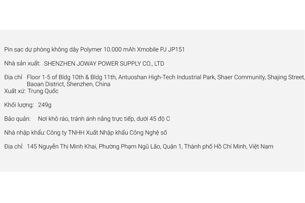 Pin sạc dự phòng không dây Polymer 10.000 mAh 10W Xmobile PJ JP151 Màu Đen