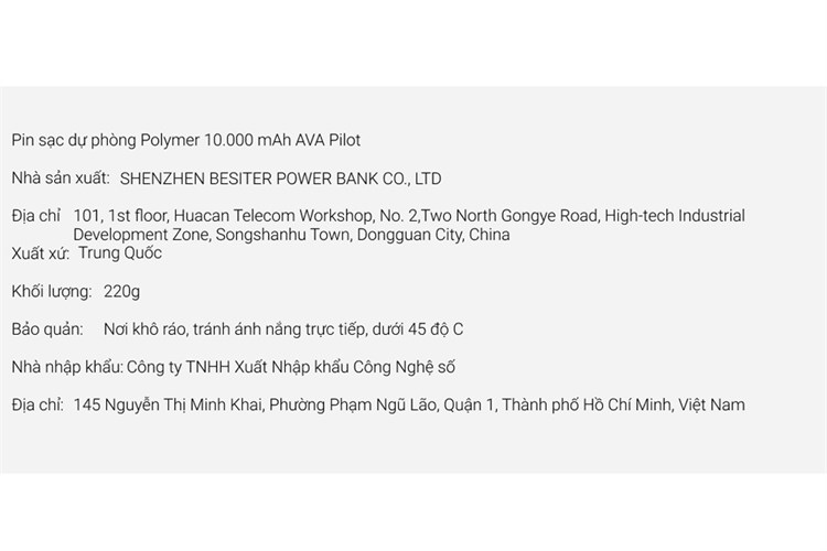 Pin sạc dự phòng Polymer 10.000 mAh AVA Pilot Màu Xám