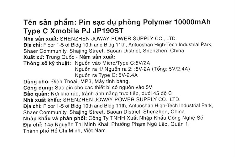 Pin sạc dự phòng Polymer 10.000 mAh Type C 12W Xmobile PJ JP190ST Màu Xám
