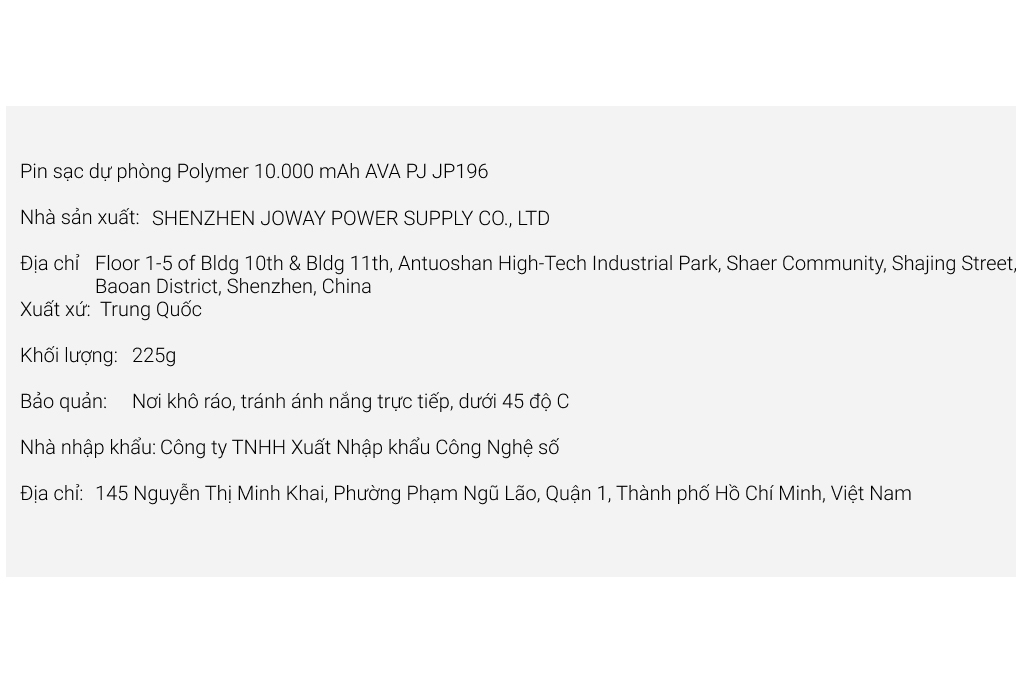 Pin sạc dự phòng Polymer 10.000 mAh 10W AVA PJ JP196 Màu Đen