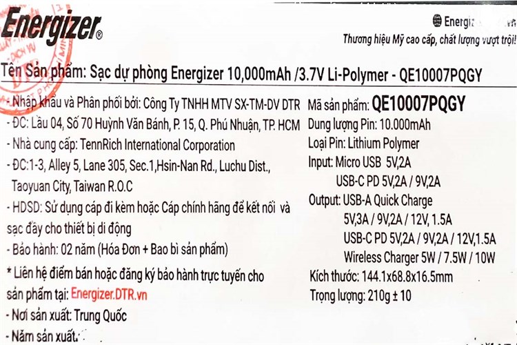 Pin sạc dự phòng không dây Polymer 10.000 mAh Type C PD QC3.0 Energizer QE10007PQ Màu Xám