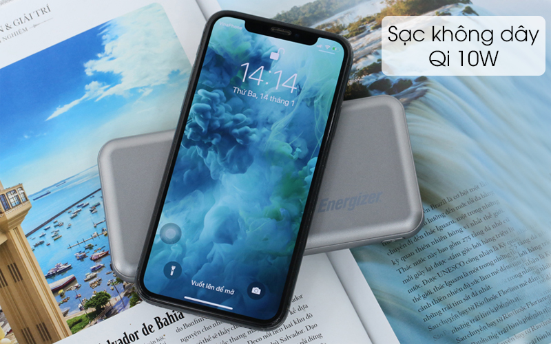 Hỗ trợ sạc không dây - Pin sạc dự phòng không dây Polymer 10.000 mAh Type C PD QC3.0 Energizer QE10007PQ Xám