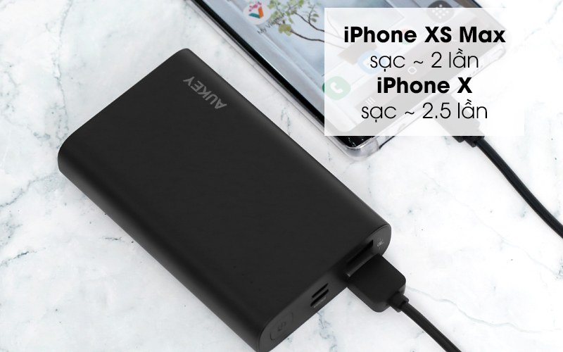 Có dung lượng pin 10.000 mAh - Pin sạc dự phòng Polymer 10.000mAh Type C PD QC3.0 Aukey PB-XD12 Đen