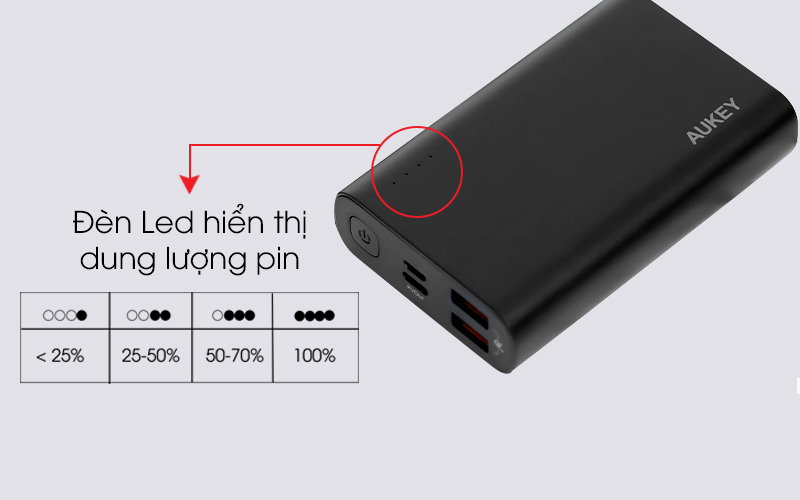 Có đèn LED tiện lợi - Pin sạc dự phòng Polymer 10.000mAh Type C PD QC3.0 Aukey PB-XD12 Đen