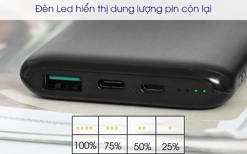 Có đèn LED tiện lợi Pin sạc dự phòng Polymer 10.000 mAh Type C Aukey PB-XN10 Đen