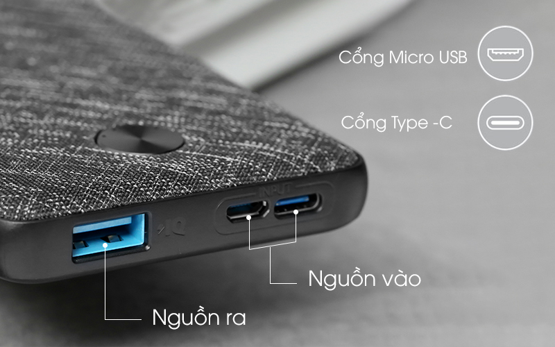 Hỗ trợ sạc lại qua cổng MicroUSB hoặc USB-C - Pin sạc dự phòng Polymer 10.000mAh Type C Anker PowerCore Slim A1229 Đen