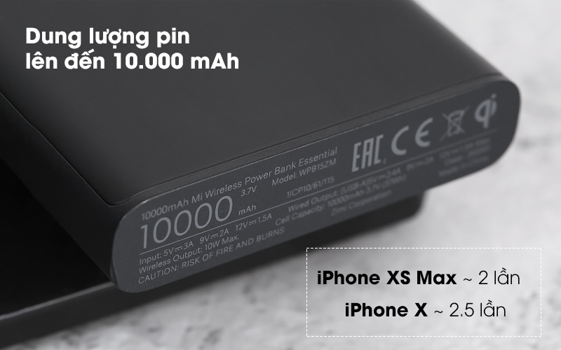 Dung lương pin lớn lên đến 10.000 mAh - Pin sạc dự phòng Polymer 10.000mAh không dây Type C Xiaomi Mi Essential