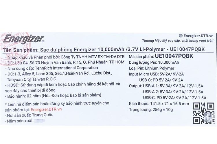 Pin sạc dự phòng Polymer 10.000 mAh Type C PD QC3.0 18W Energizer UE10047PQ Màu Đen