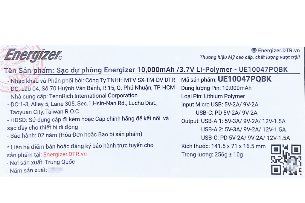 Pin sạc dự phòng Polymer 10.000 mAh Type C PD QC3.0 Energizer UE10047PQ