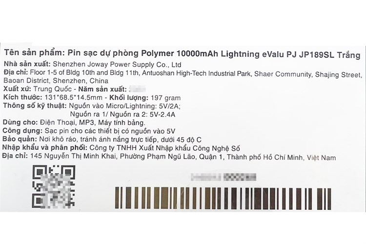 Pin sạc dự phòng Polymer 10.000 mAh Lightning 12W eValu PJ JP189SL Màu Trắng